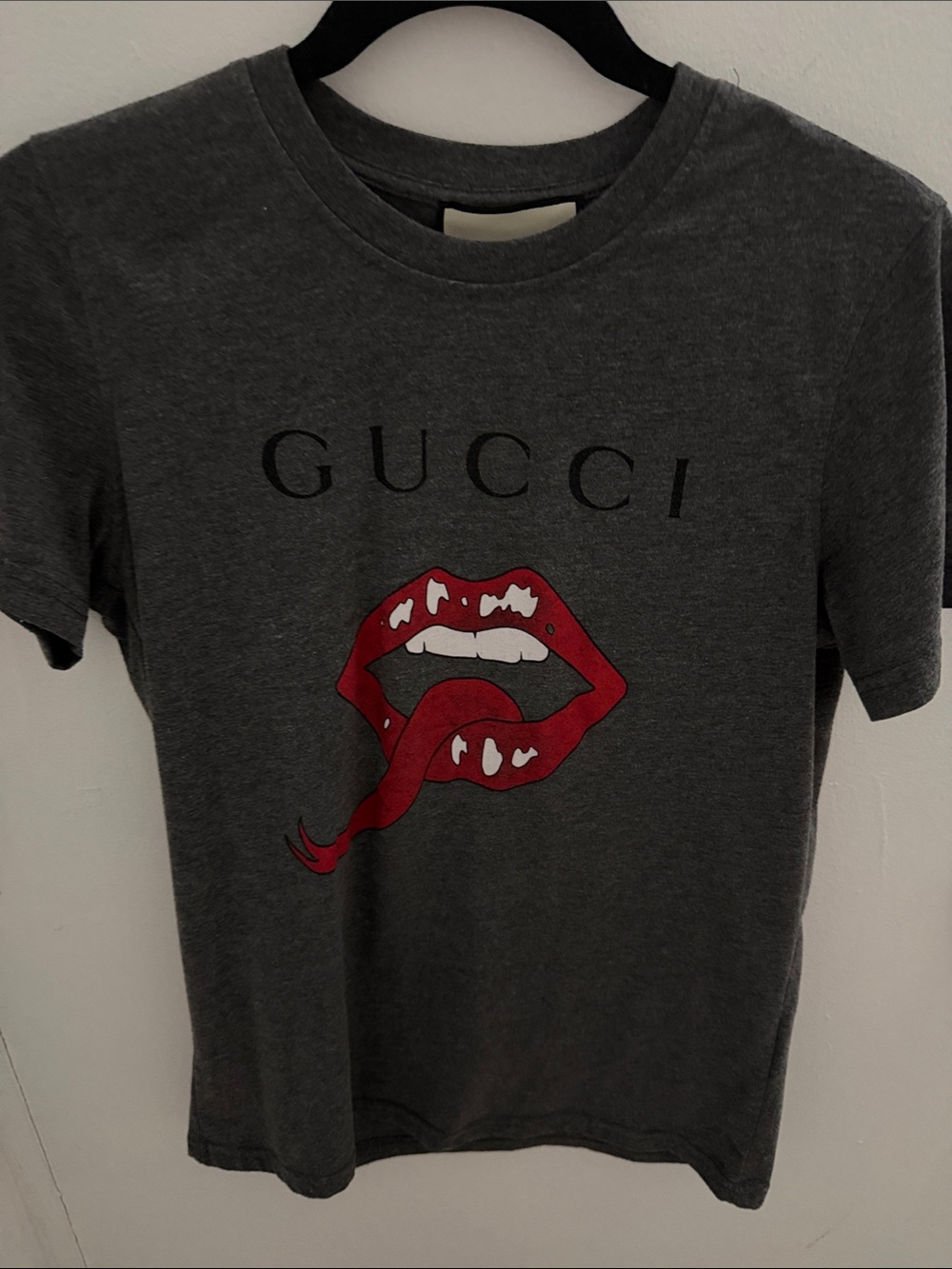 Gucci Gray Tee with Red Lip Graphic